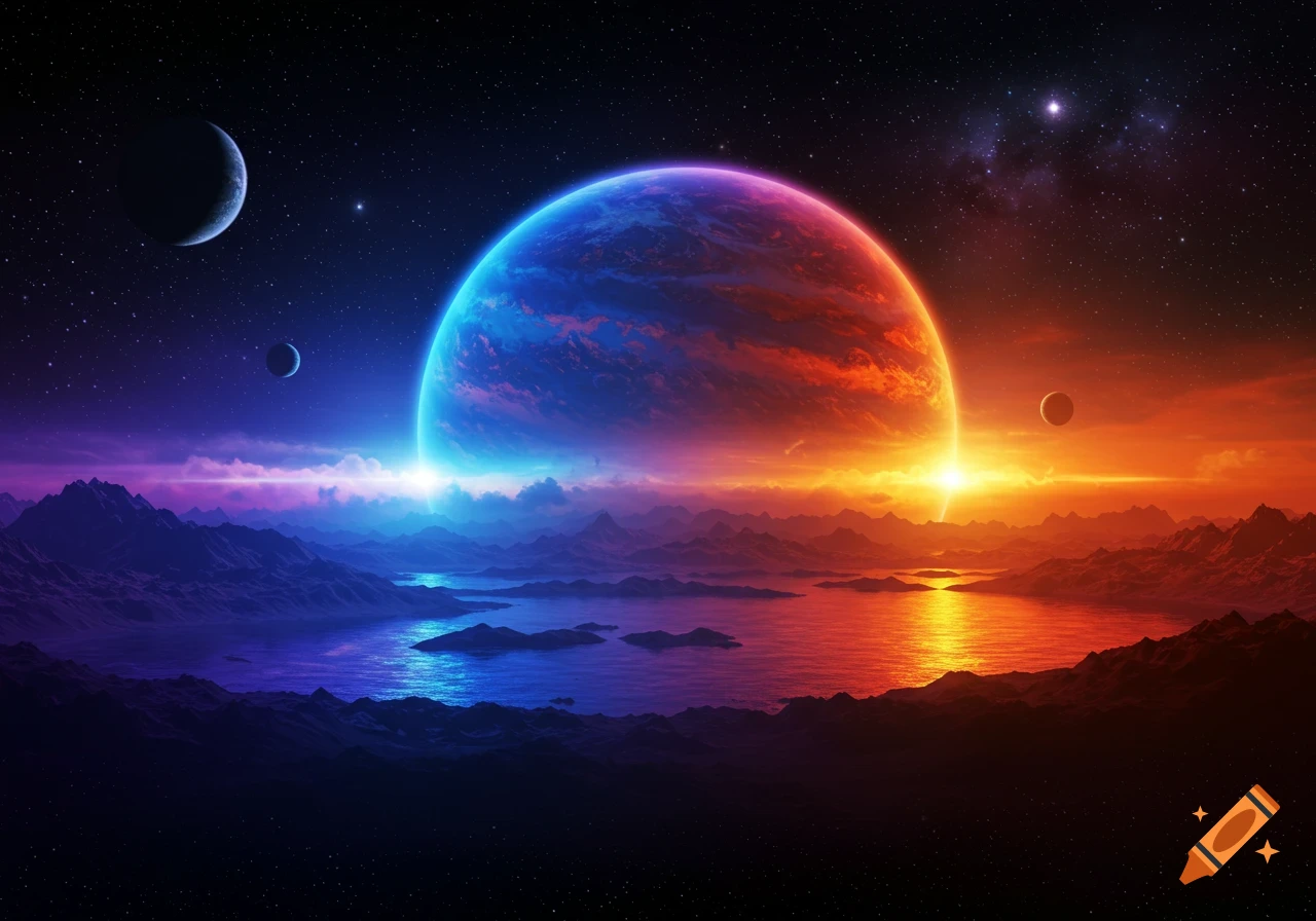 Colorful alien planet and moons illuminate a mountainous landscape with a reflective lake at sunrise/sunset.