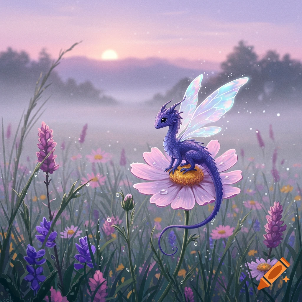 A small purple dragon with translucent fairy wings sits on a pink daisy in a foggy meadow with purple flowers at sunset.
