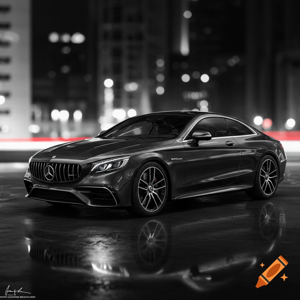 Photorealistic black Mercedes-Benz AMG S63 Coupe on a wet street at night, with red streaking lights in the background.