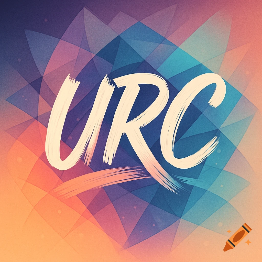 Bold white 'URC' initials with brushstroke texture on a background of overlapping translucent abstract shapes in blue, purple, and orange gradients.
