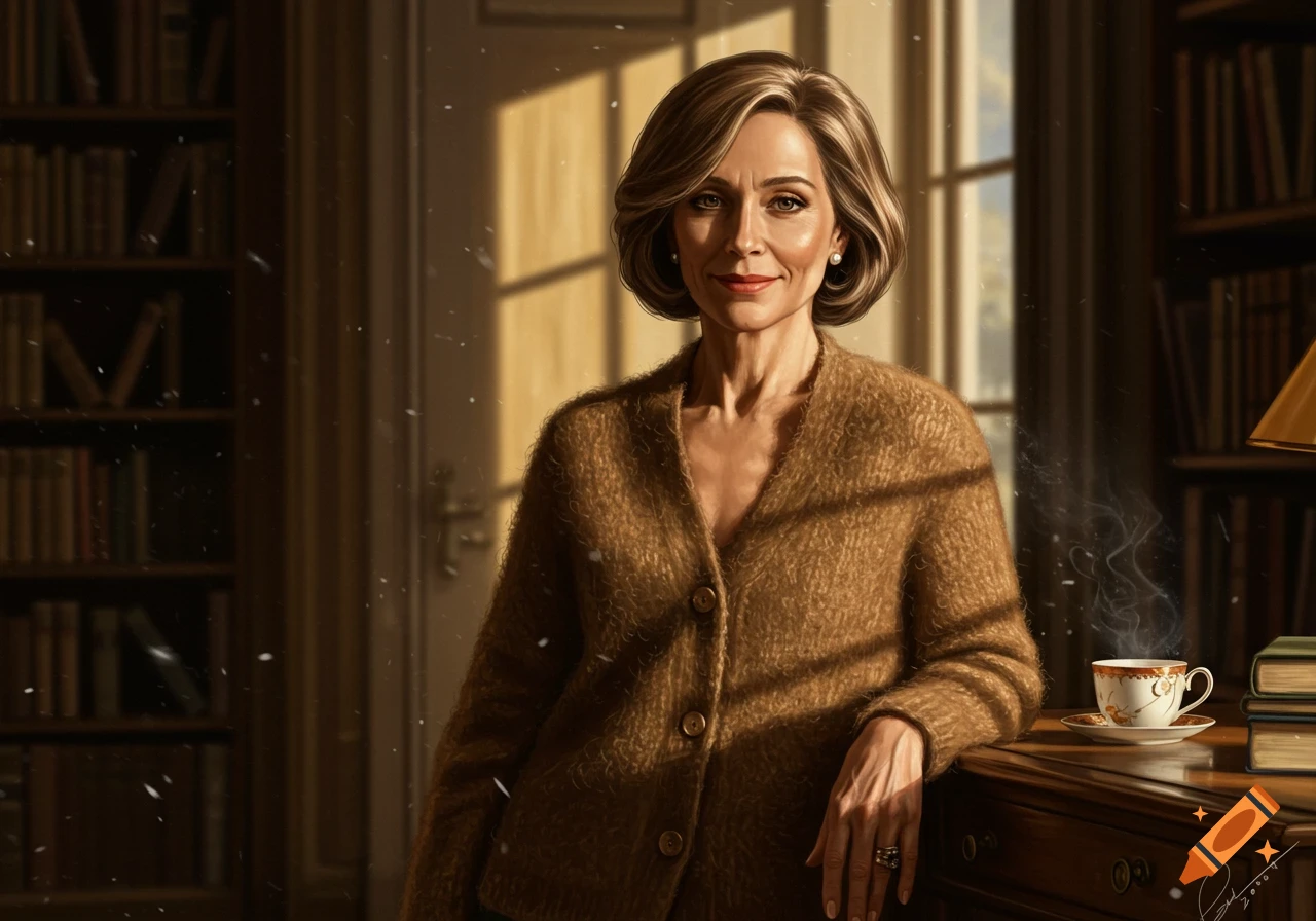 A realistic portrait of a smiling mid-aged woman in a brown mohair cardigan in a sunlit library, her hand resting on a desk with a steaming teacup.