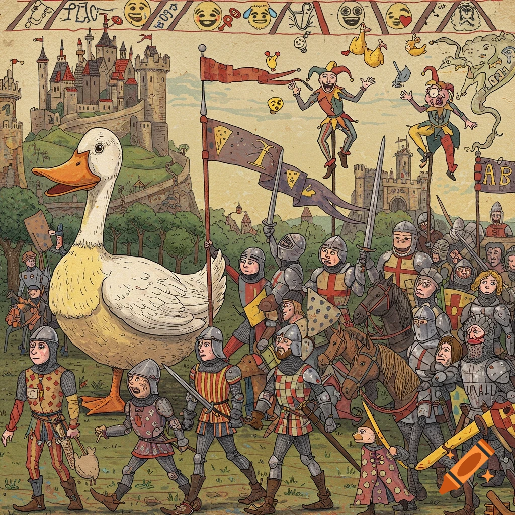 A giant duck leads a medieval army of knights carrying cheese flags towards a castle, with jesters and emojis above, in a whimsical illustration style.