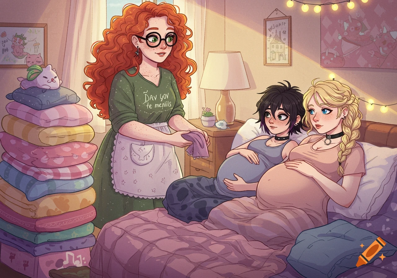 A red-haired woman in an apron tends to her two pregnant wives resting in bed, in a cozy, bright room in cartoon style.