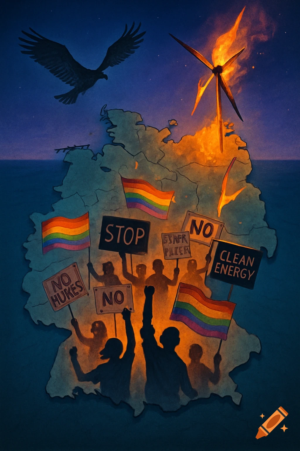 An artistic depiction of Germany's map at night, filled with silhouetted protesters holding signs and rainbow flags, a burning wind turbine, and an eagle flying overhead.