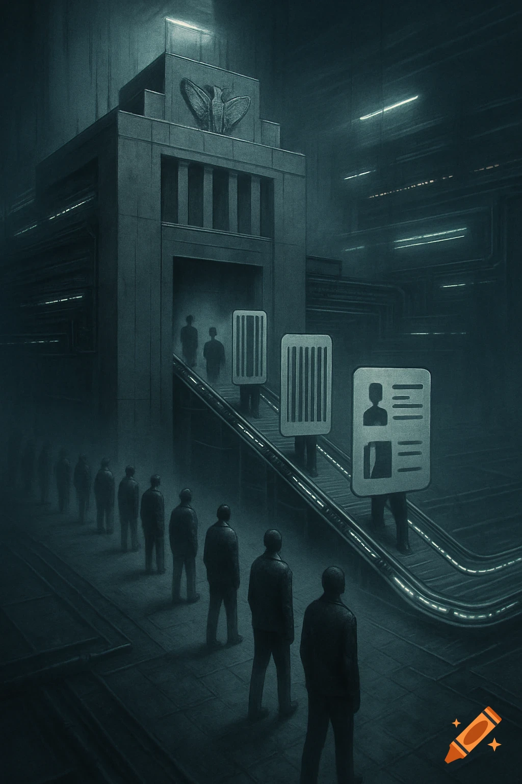Dark, dystopian art depicts people moving on a conveyor belt into a monolithic building, transforming into barcoded ID cards.