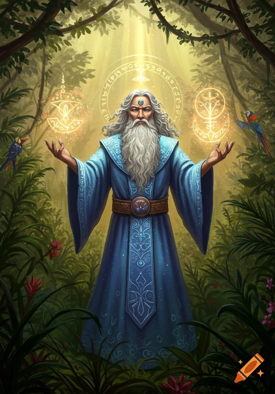 An old, wise esoteric wizard with a third eye and long white beard, wearing a blue robe, stands in a vibrant jungle, summoning glowing magical symbols. Sun rays illuminate him from above, with colorful birds perched nearby, in a digital painting style.