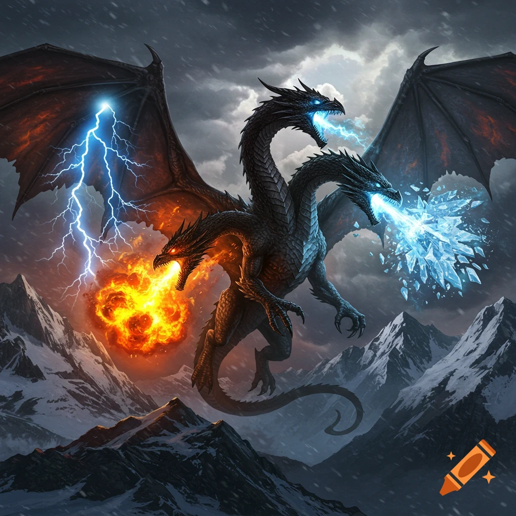 A three-headed black dragon with massive wings flies over snowy mountains under a stormy sky, breathing fire, lightning, and ice.