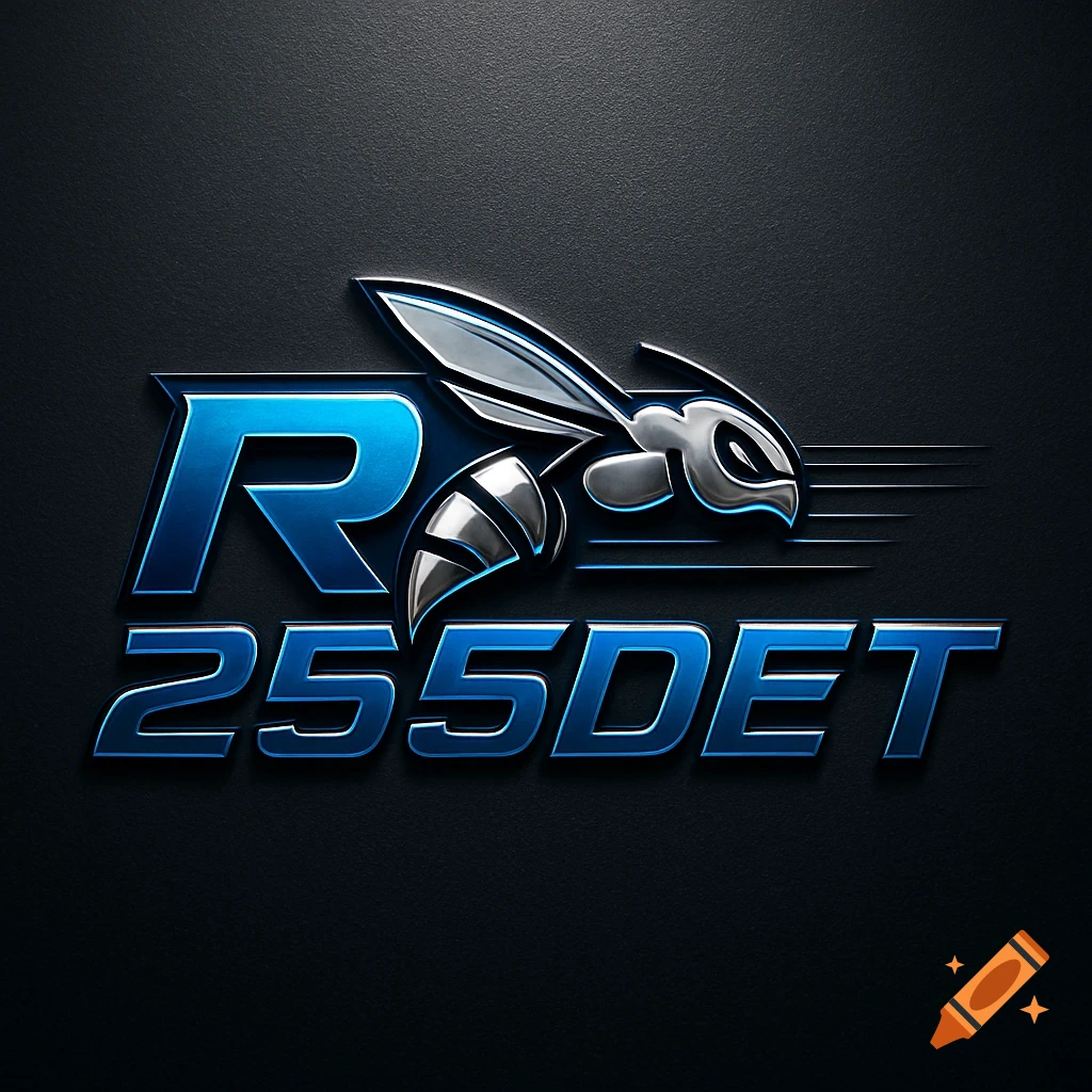 A metallic blue and silver logo featuring a stylized aggressive bee above the text "255DET", with a large "R" to the left of the bee, all on a dark textured background.