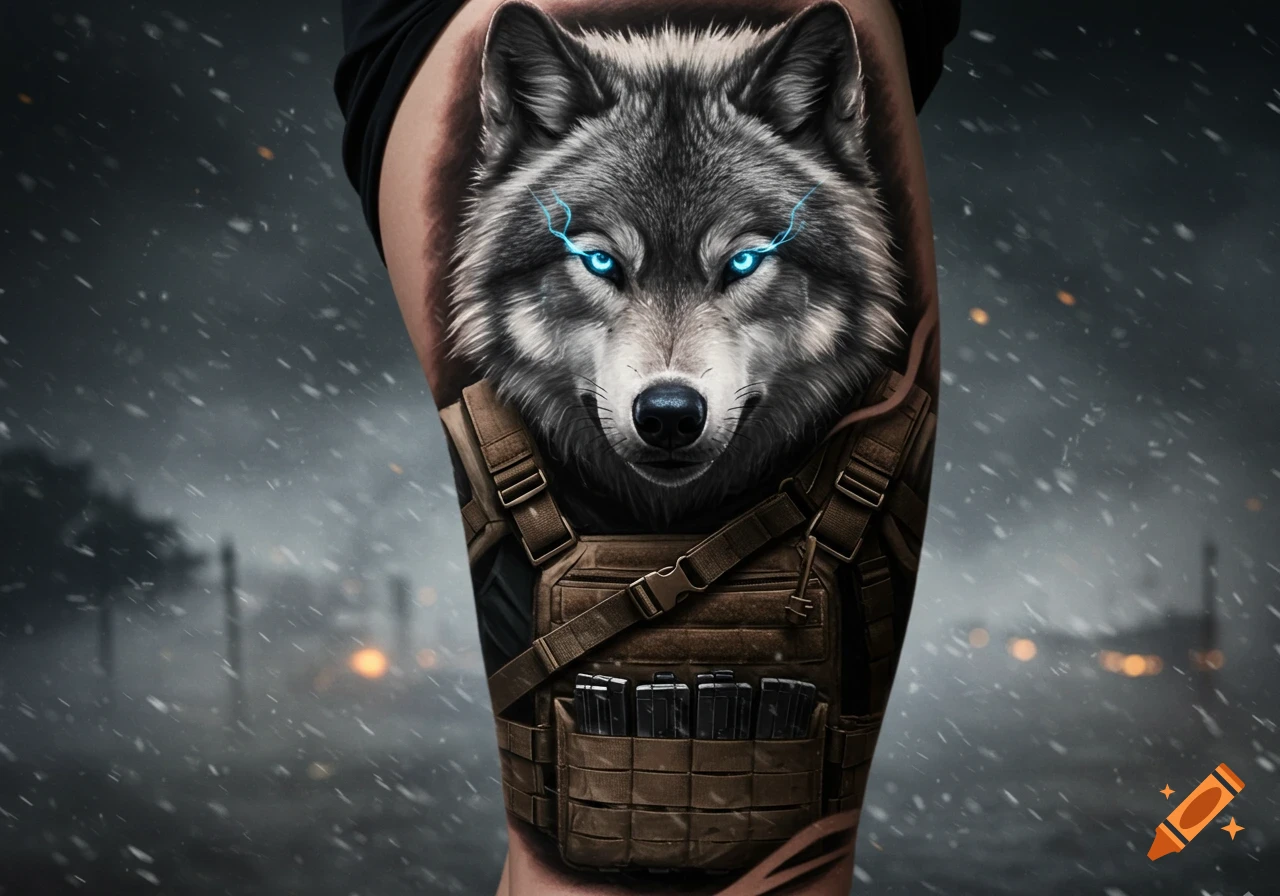 Photorealistic tattoo of a gray wolf with glowing blue eyes and tactical vest on a thigh in a snowy, dark setting.