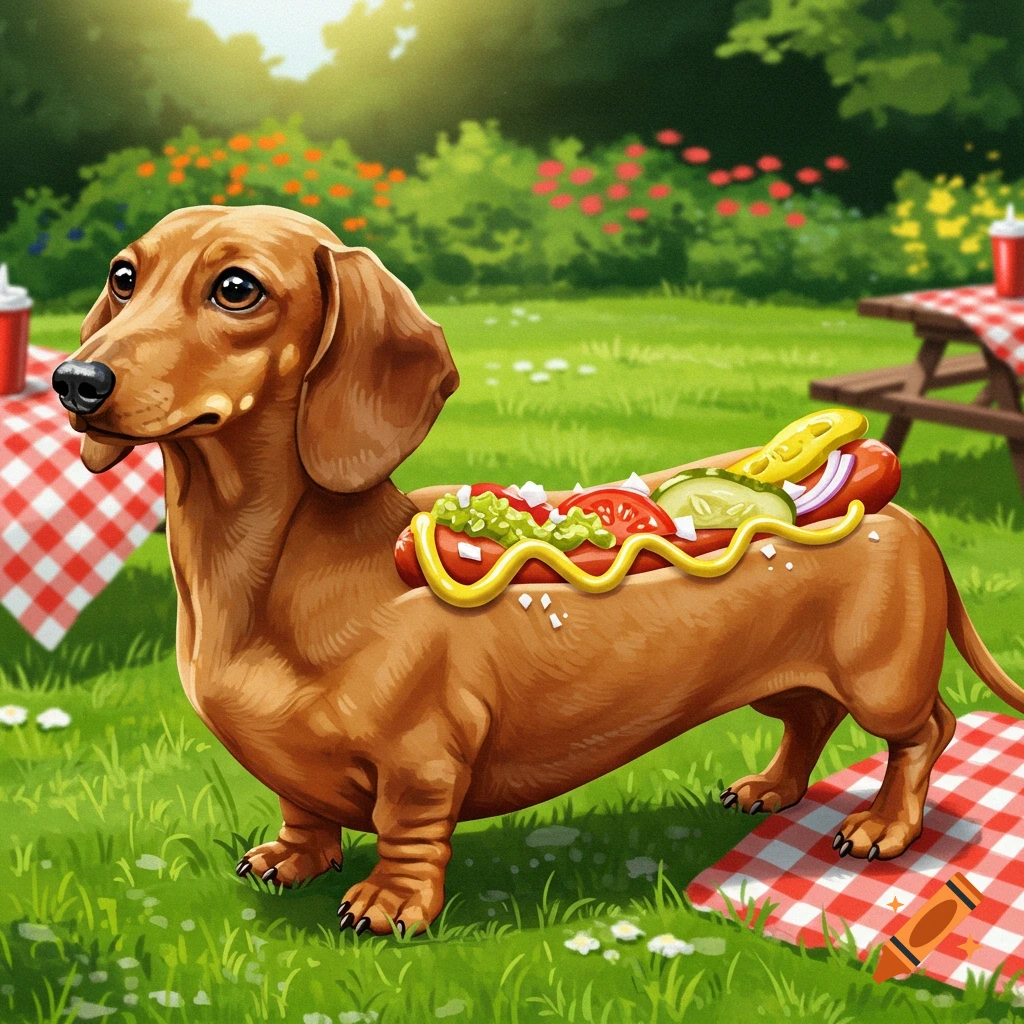 Cartoon dachshund dog with a hot dog and Chicago-style condiments on its back, in a sunny park with a picnic setting.