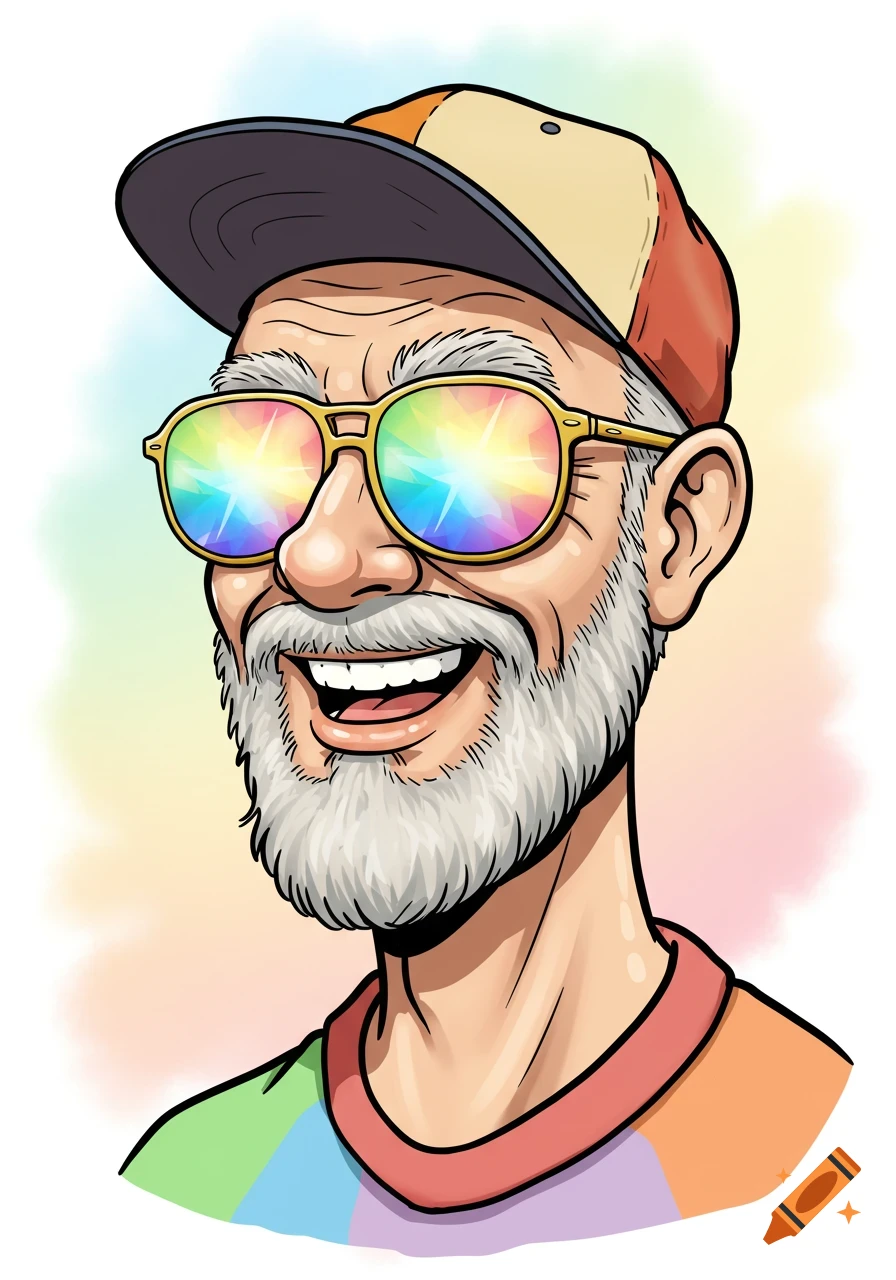 A cartoon portrait of a smiling older man with a white beard, wearing a baseball cap and rainbow-colored reflective sunglasses.