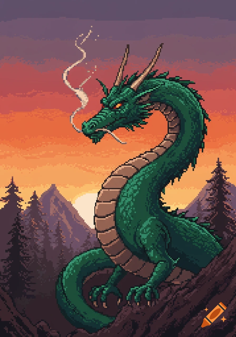 A green pixel art dragon with glowing orange eyes and horns emits smoke, set against a sunset sky over mountains and pine trees in a 16-bit style.