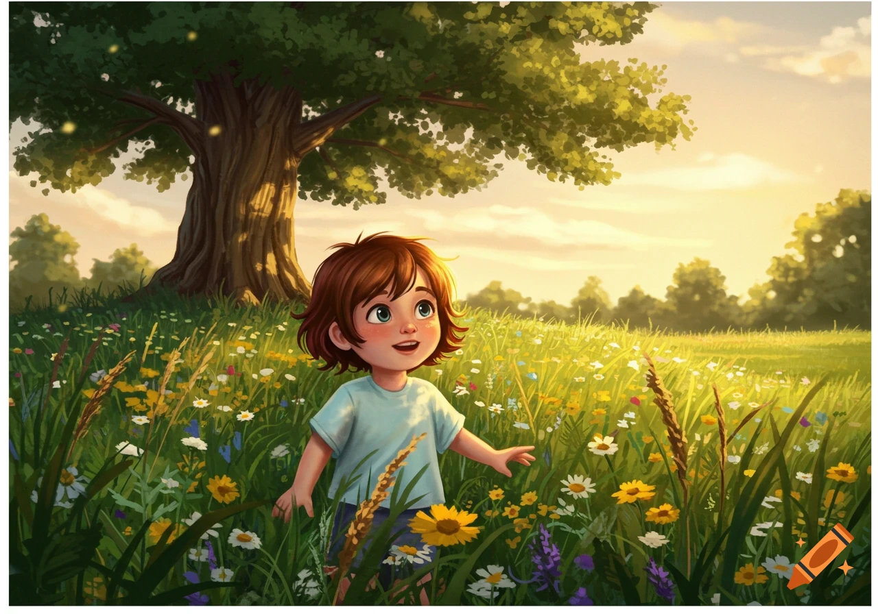 A happy cartoon child with brown hair looks up while standing in a sunny field filled with wildflowers, with a large tree in the background.