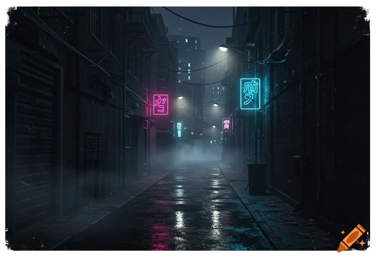 A dark, wet, foggy urban alley at night with glowing pink and blue neon signs reflecting on the ground, creating a moody, atmospheric scene.
