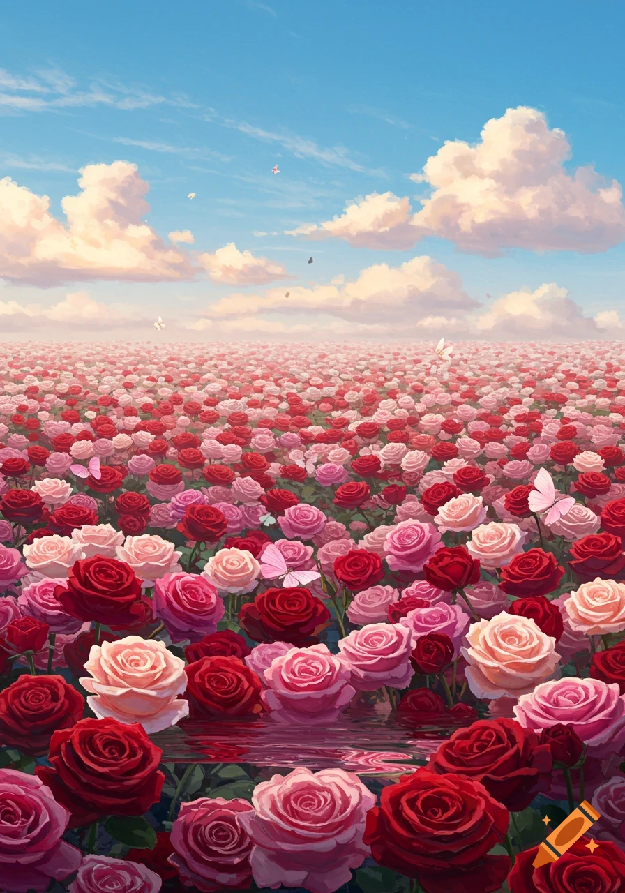 A vibrant field of red and pink roses under a bright blue sky with fluffy white clouds and scattered butterflies.