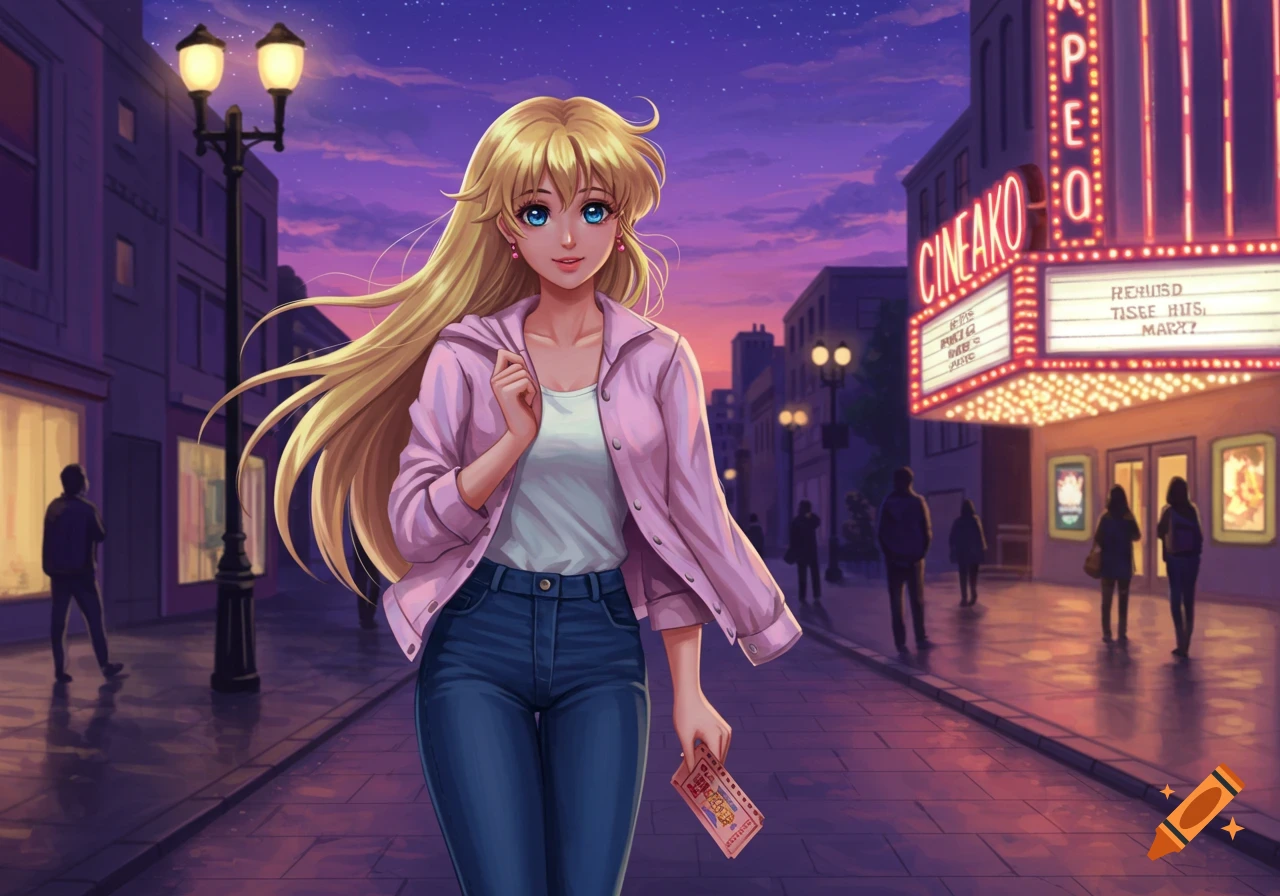 An anime girl with long blonde hair and blue eyes, wearing a pink jacket and jeans, walks down a city street at dusk towards a brightly lit movie theater, holding a ticket.