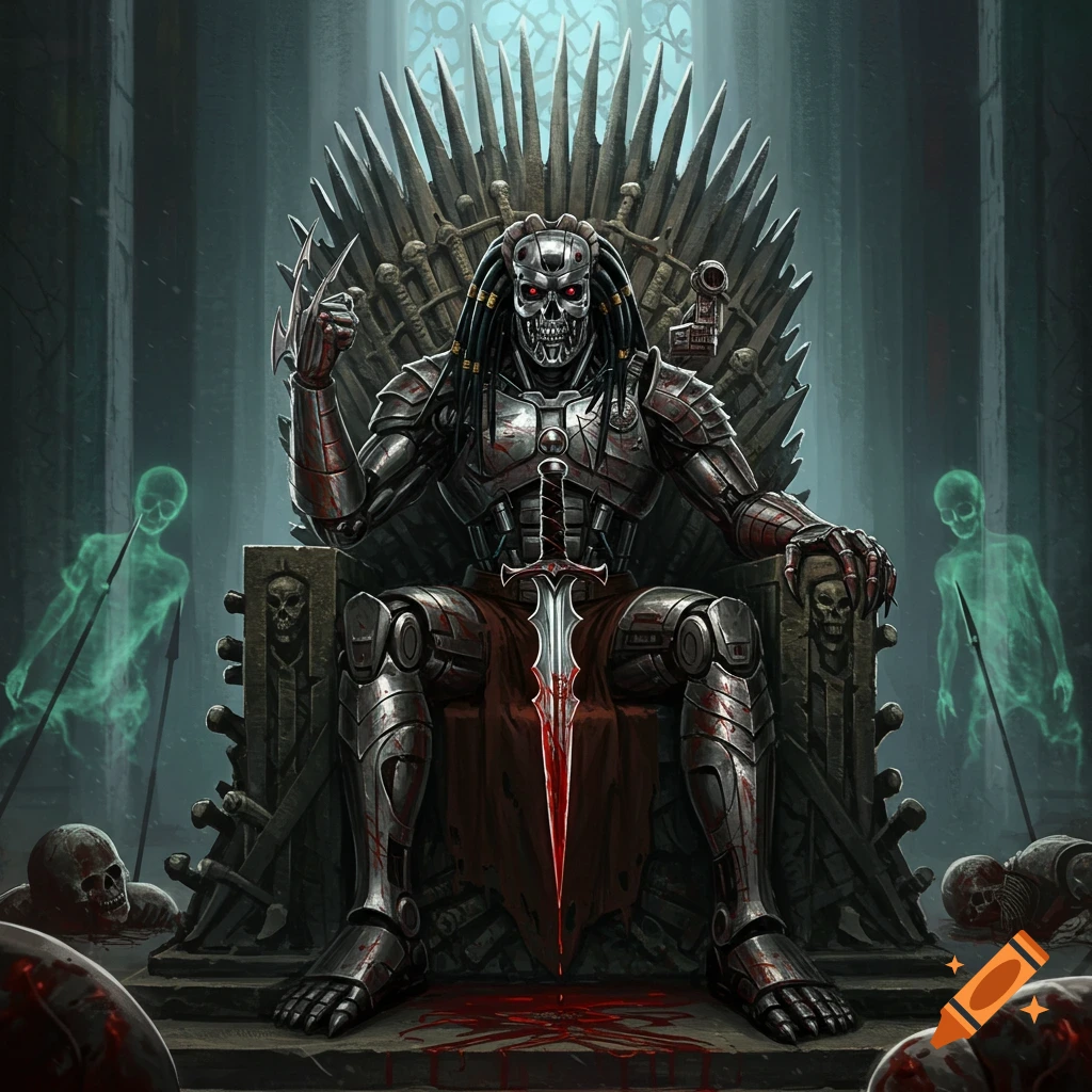 A Predator-Terminator fusion sits on a throne of swords, holding a bloody dagger, surrounded by skulls and green ghosts.