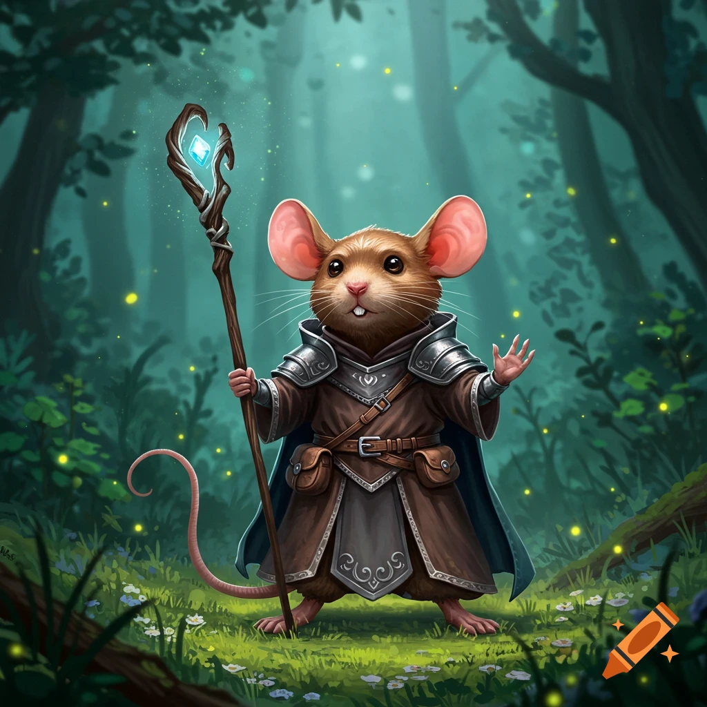 A cute anthropomorphic mouse in cleric armor holding a glowing staff in a magical forest.