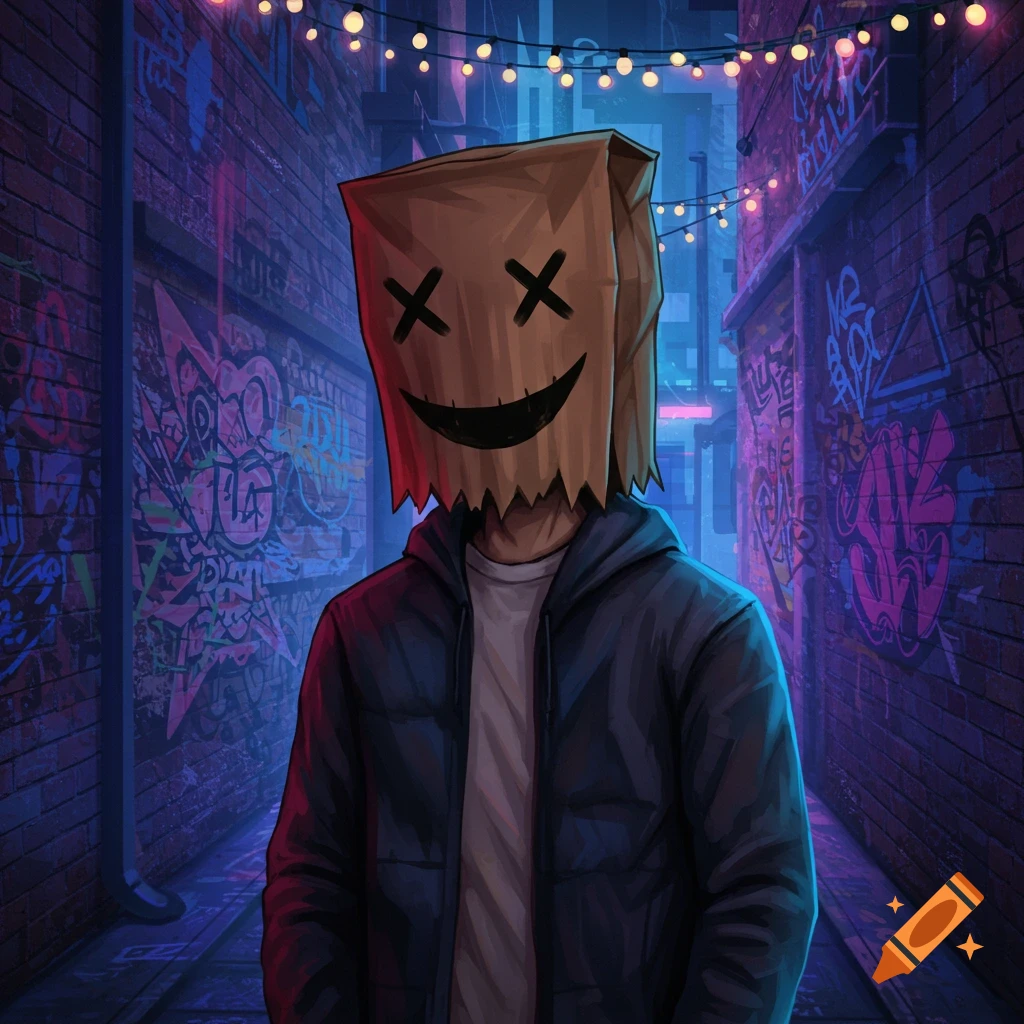 A stylized illustration of a person with a brown paper bag over their head, featuring X's for eyes and a drawn smile, standing in a neon-lit, graffiti-covered urban alleyway with string lights overhead.