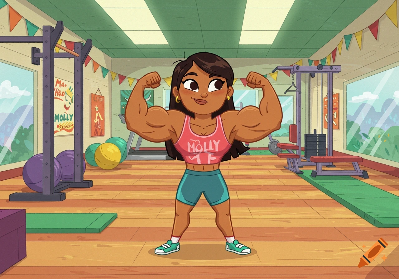 A cartoon woman with dark hair and strong biceps, wearing a pink crop top with 'MOLLY' written on it and teal shorts, flexes her arms in a colorful gym.