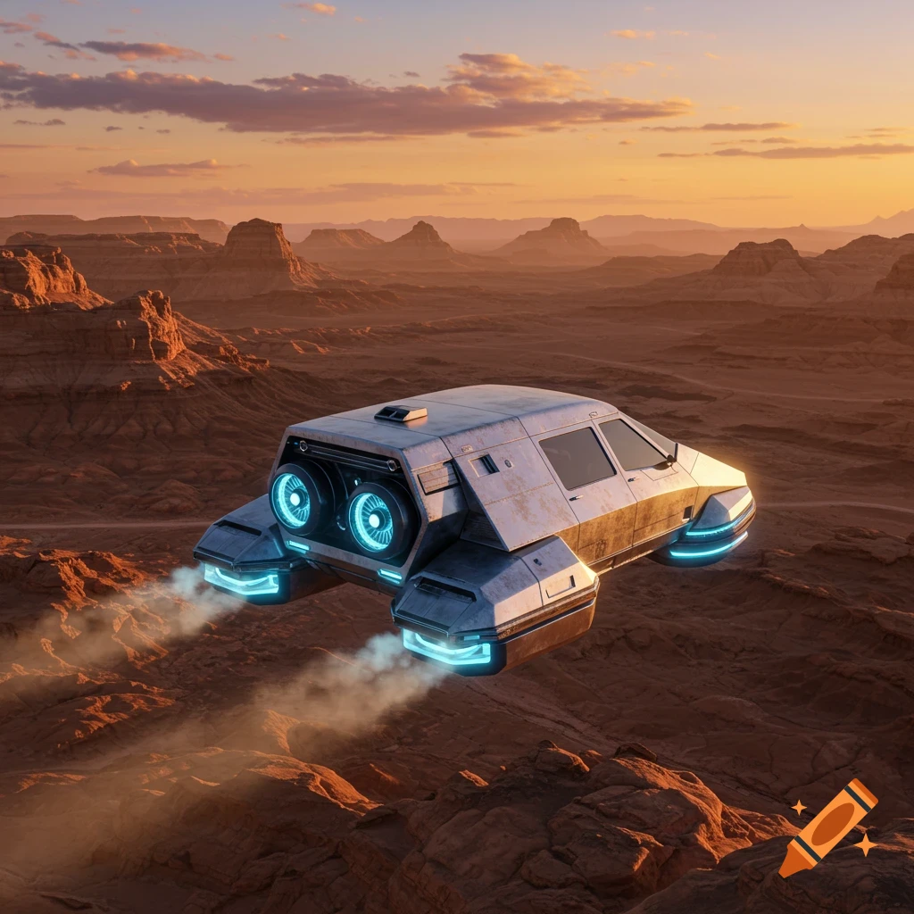 Futuristic hover van with glowing blue elements flying over a desert badlands at sunset, leaving smoke trails.