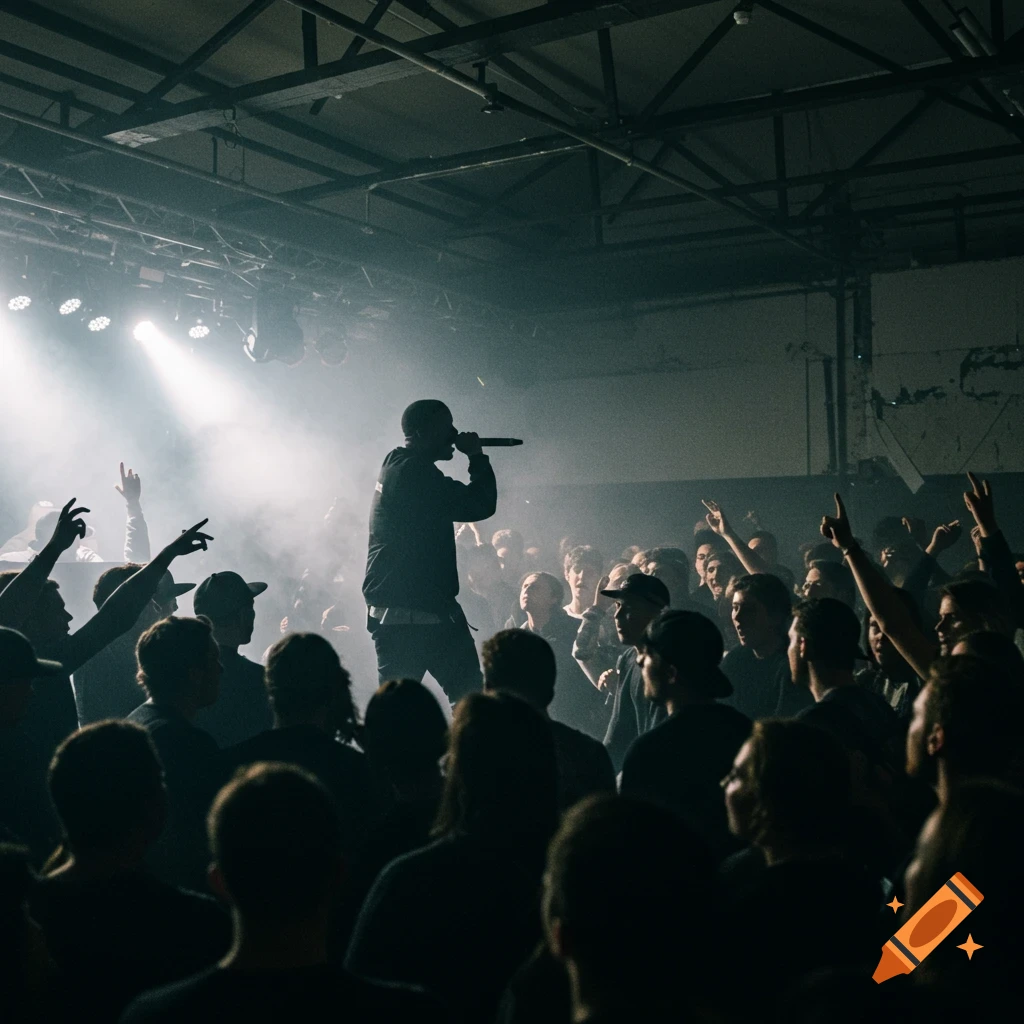 Rapper performs on a smoky stage under spotlights to a crowd with raised hands, captured in a dynamic photograph.