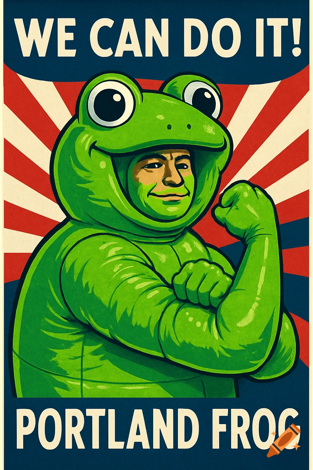 Rosie the Riveter-style patriotic poster of a person in a green frog suit flexing, with red, white, and blue rays. Text: 'WE CAN DO IT!' 'PORTLAND FROG'.