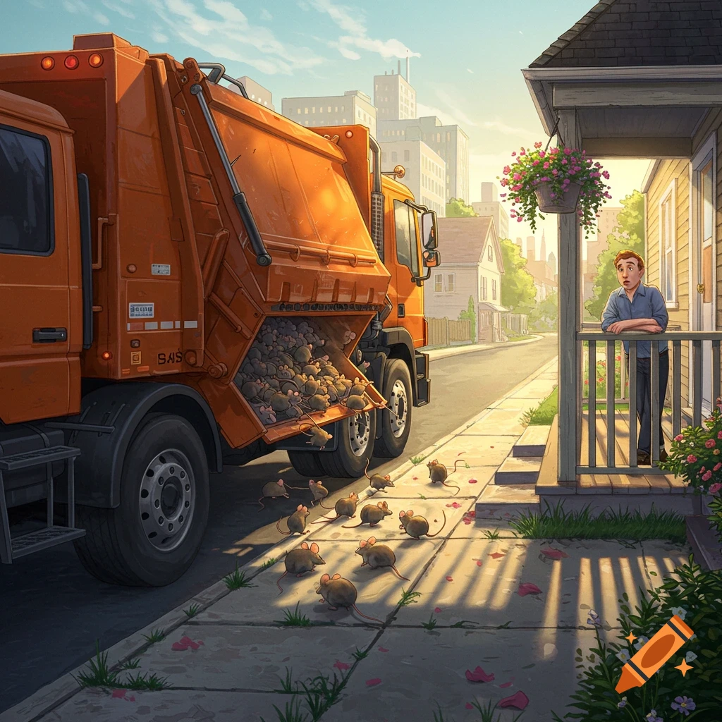An illustrated scene of an orange garbage truck dumping hundreds of mice onto a suburban sidewalk as a surprised man watches from his porch.
