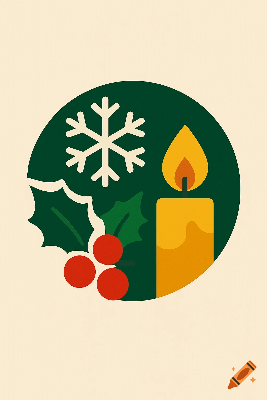 Minimalist illustration of a snowflake, holly, and a lit candle in a green circle on a light background.