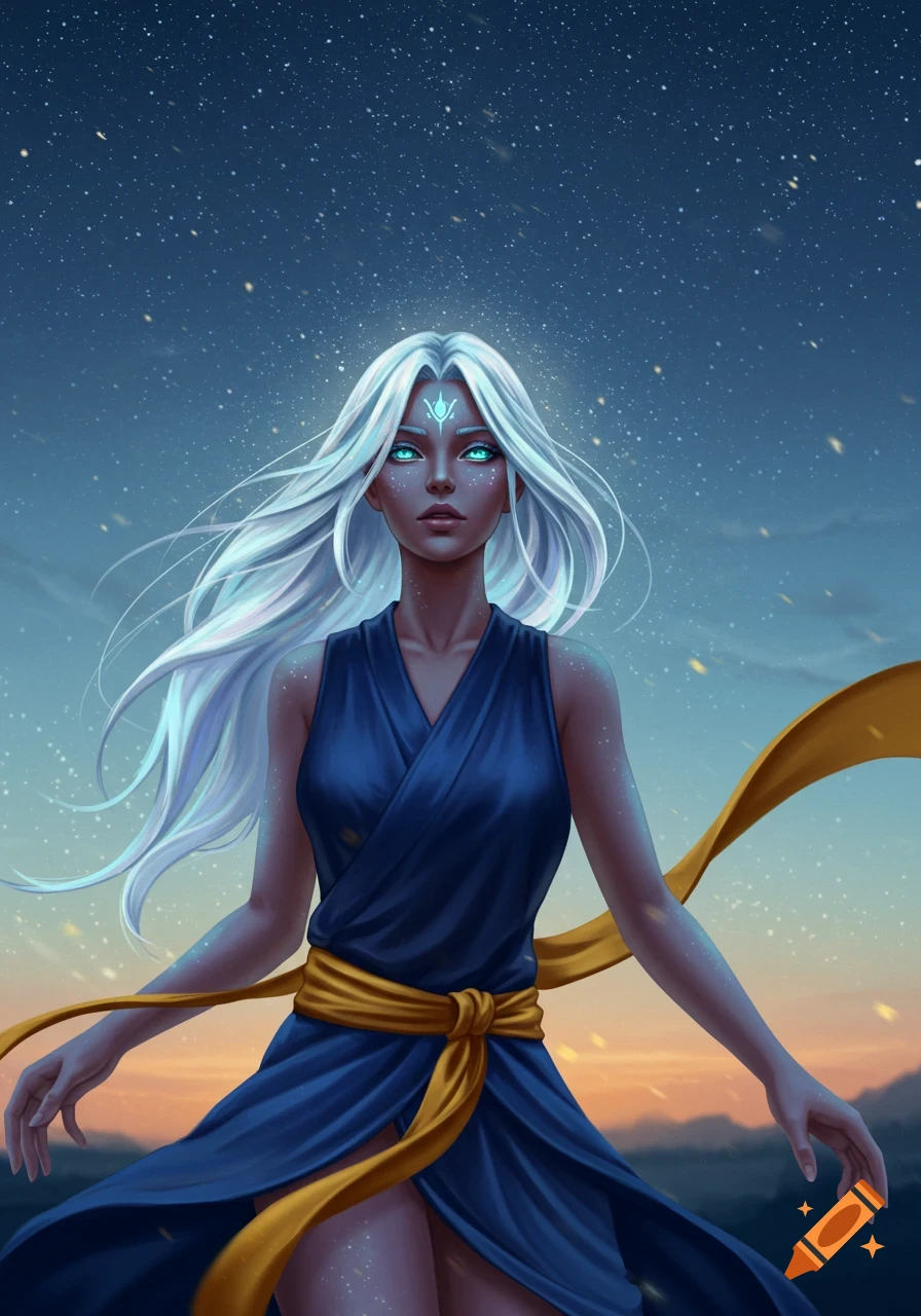 A digitally painted celestial woman with flowing silver hair, glowing turquoise eyes, and a blue dress with a gold sash under a starry sky.