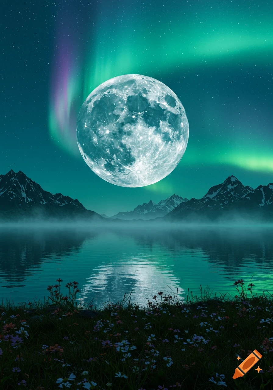 A vibrant full moon over a tranquil lake, reflecting green and purple aurora borealis and distant mountains, with wildflowers in the foreground.