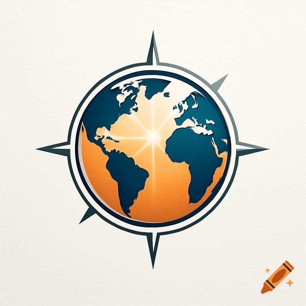 A stylized logo featuring a dark blue and orange globe with North and South America, set within a compass rose design.
