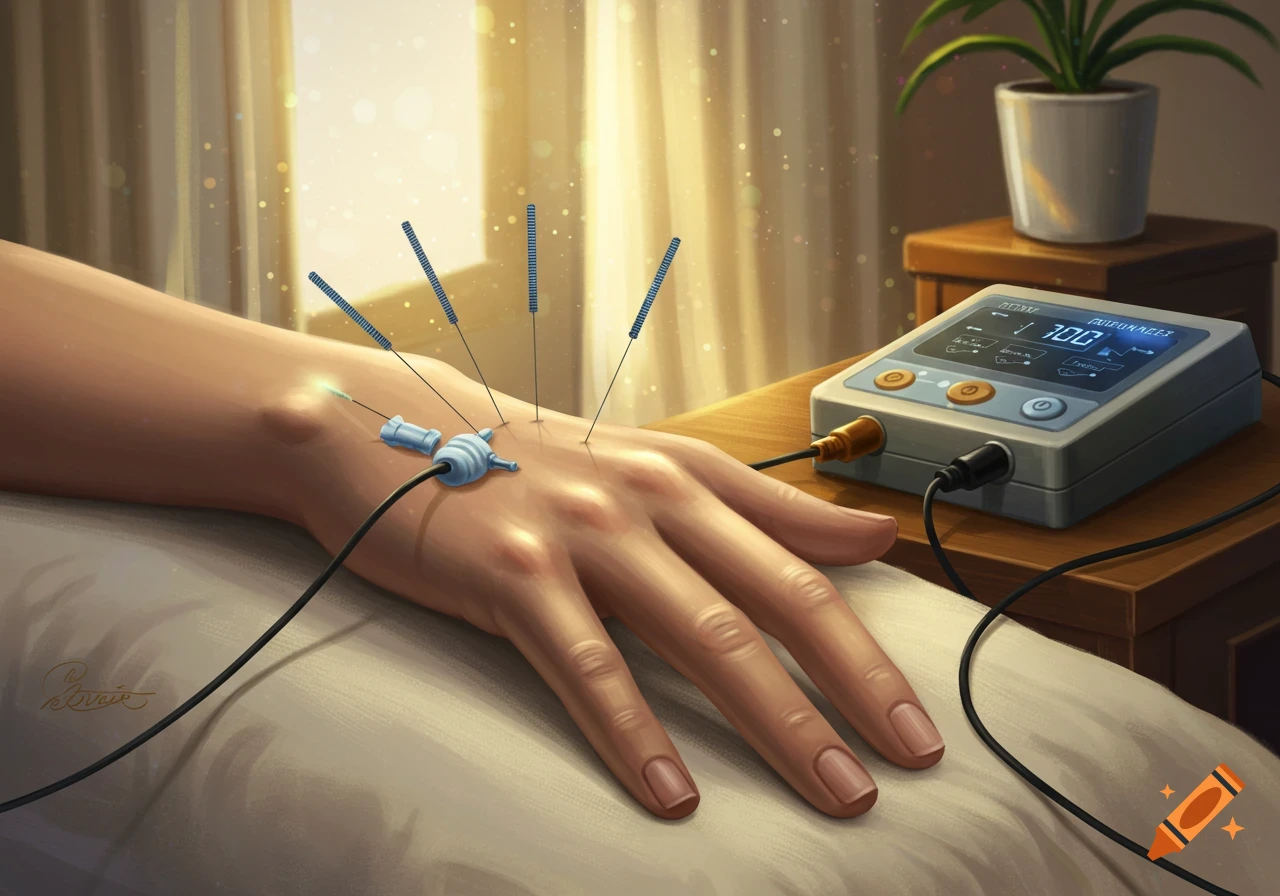 A hand receiving electroacupuncture with needles connected to a medical device on a pillow, in an illustrative style.