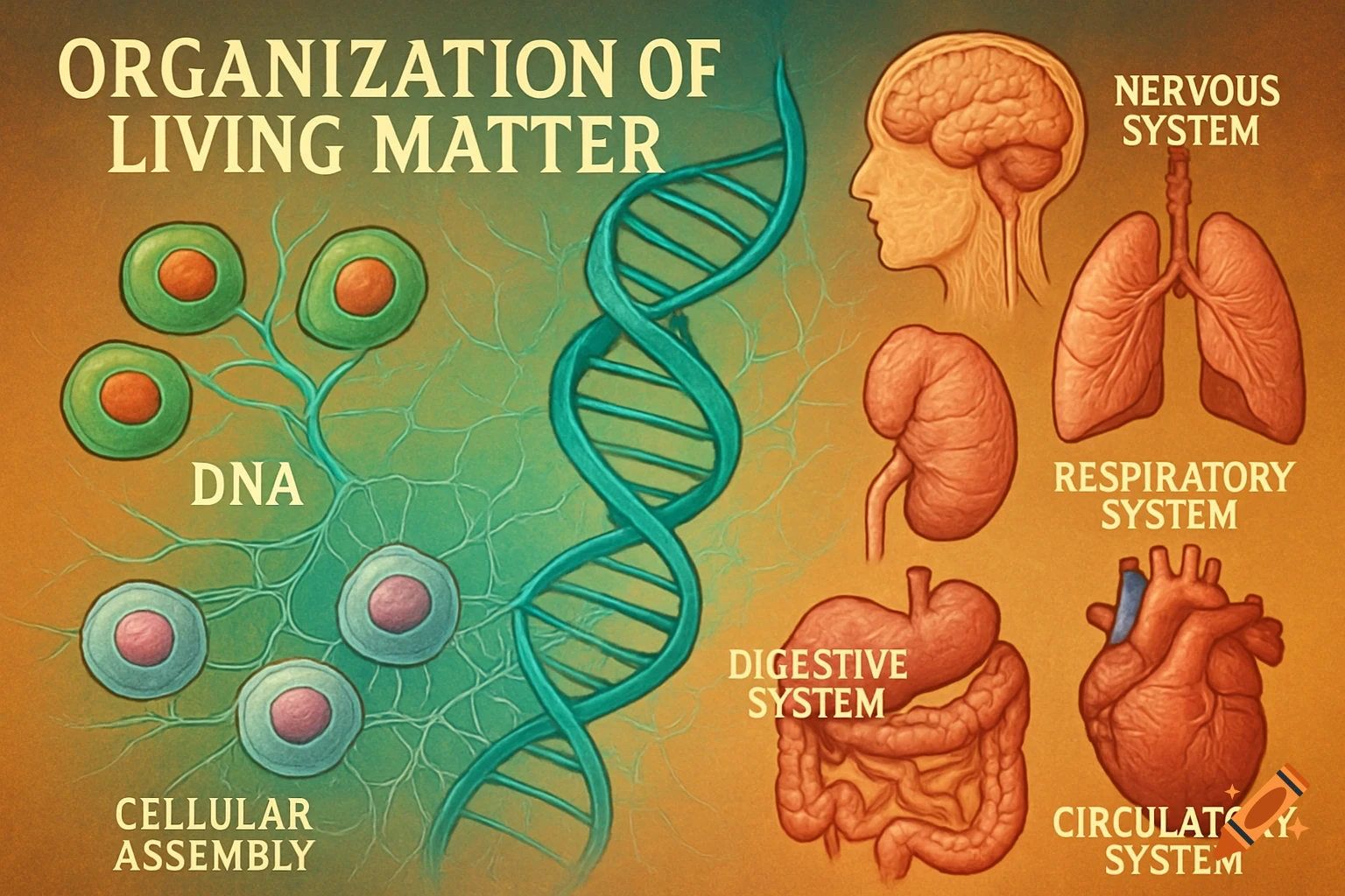 Infographic on living matter: DNA, cellular assembly, and human organ systems (nervous, respiratory, digestive, circulatory).