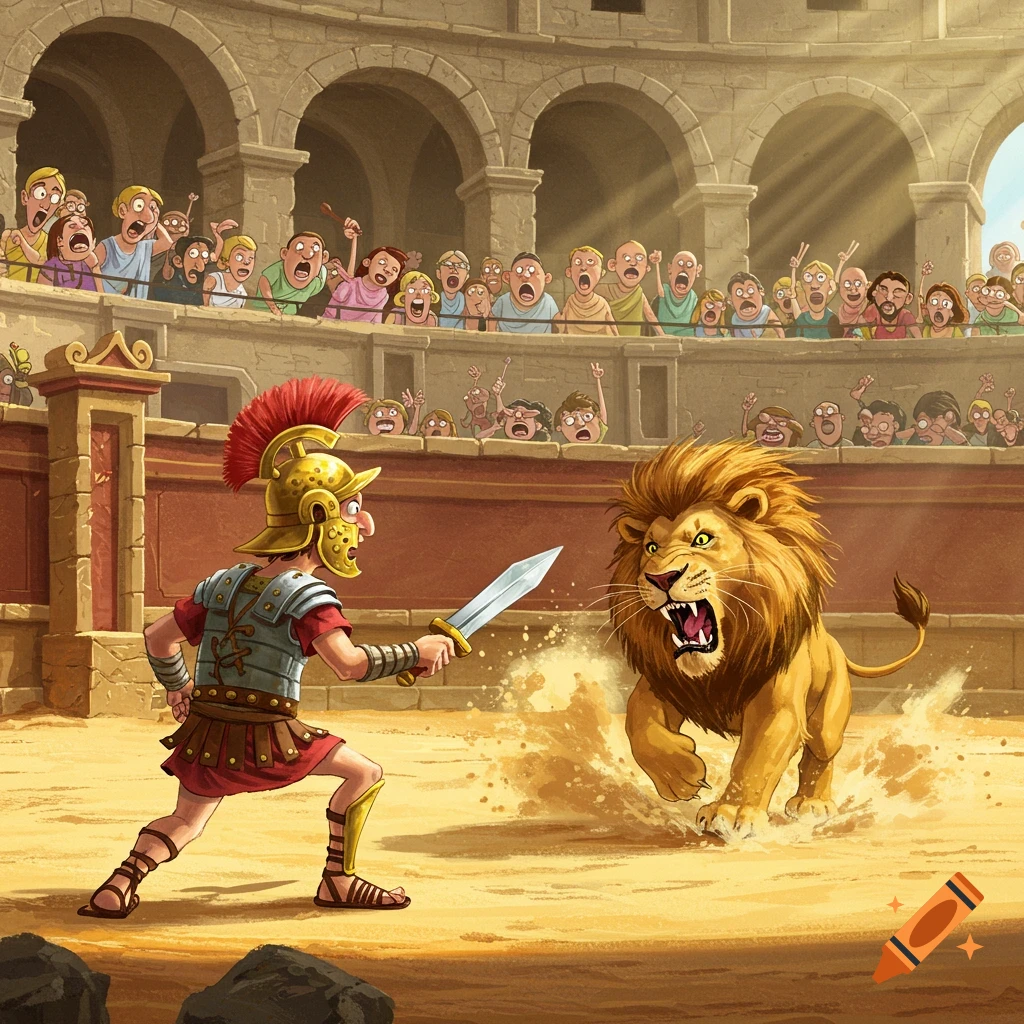 A cartoon gladiator with a sword faces a roaring lion in a crowded Roman arena.