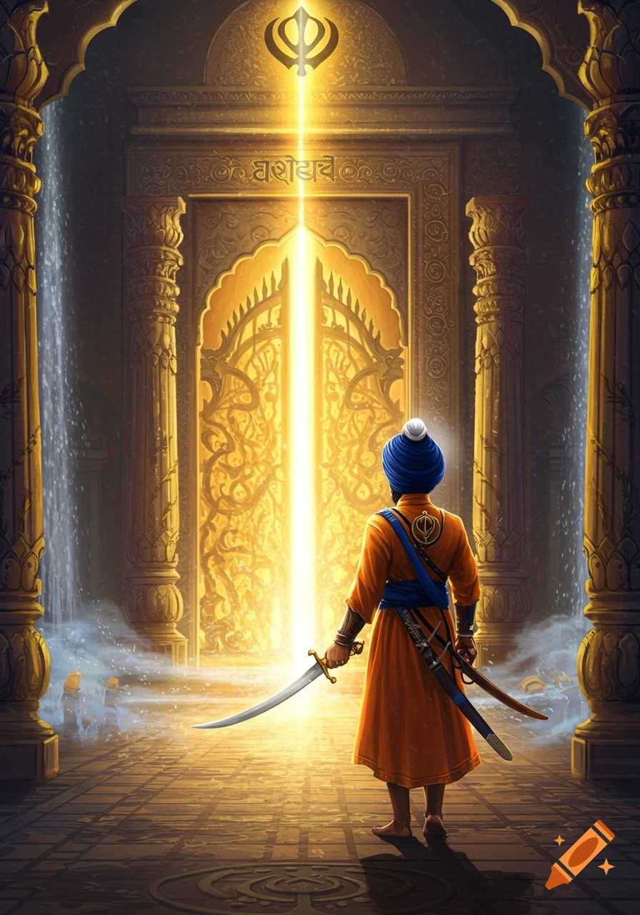 A Nihang Singh warrior stands before a glowing, ornate golden doorway with a Sikh Khanda symbol above, in a fantasy art style.