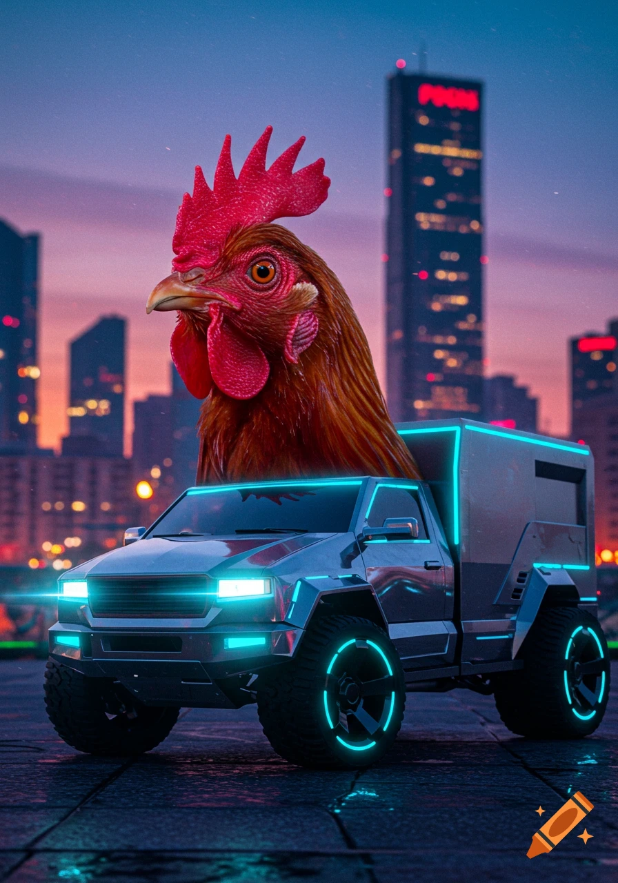 A giant chicken head emerging from a cyberpunk truck with neon lights in a futuristic city at dusk.