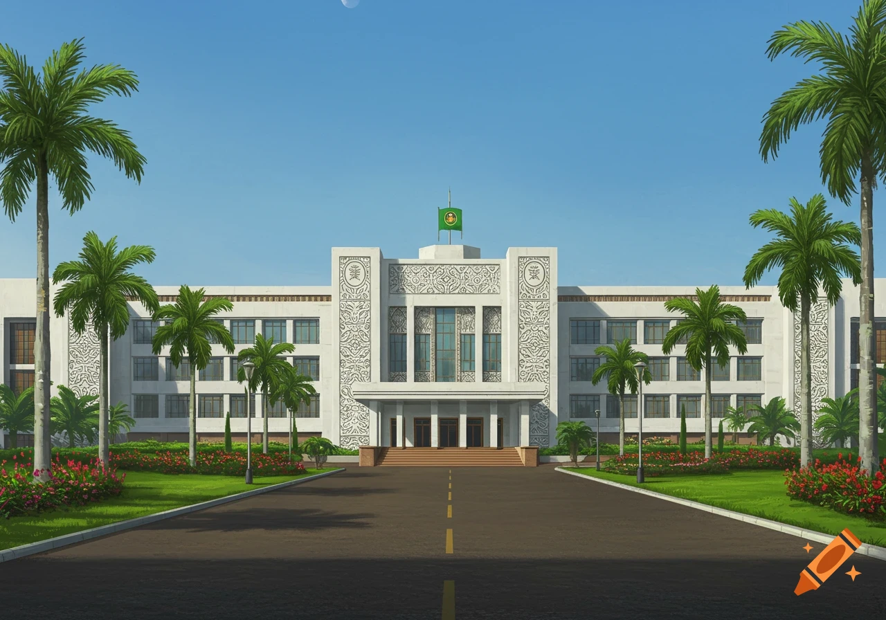 A grand white presidential palace with intricate carvings, flanked by tall palm trees and lush green gardens under a clear blue sky.