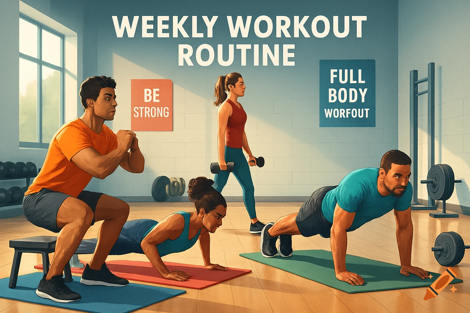 Illustrated scene of a man squatting, a woman doing push-ups, and another woman with dumbbells in a gym, with fitness text on the wall.