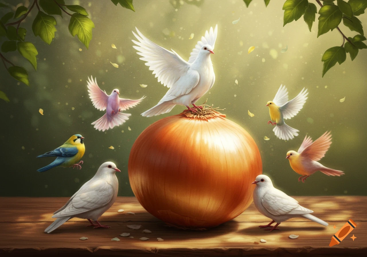 A white dove perches on a large round onion, surrounded by other colorful birds flying and standing on a wooden surface in a lush, softly lit setting.