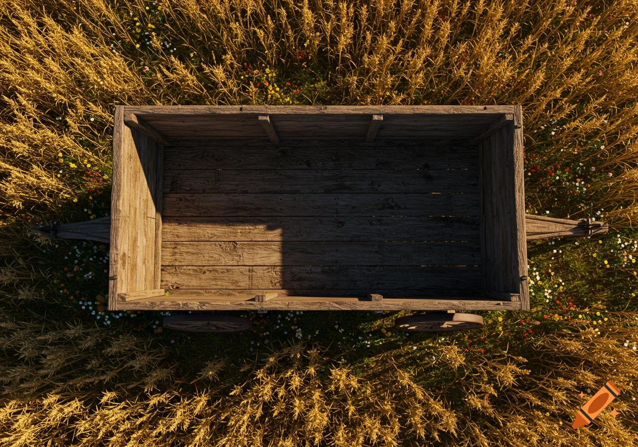 Photorealistic top-down view of an empty wooden wagon in a golden wheat field with wildflowers.