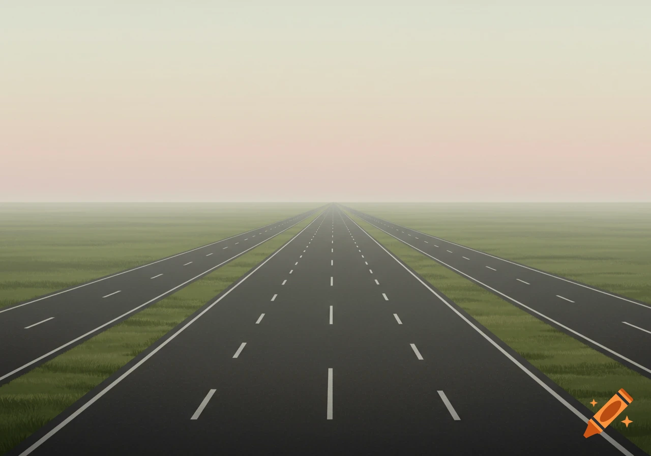 Three parallel roads stretch into a hazy distance across a flat, green landscape under a light gradient sky, in a simple drawing style.