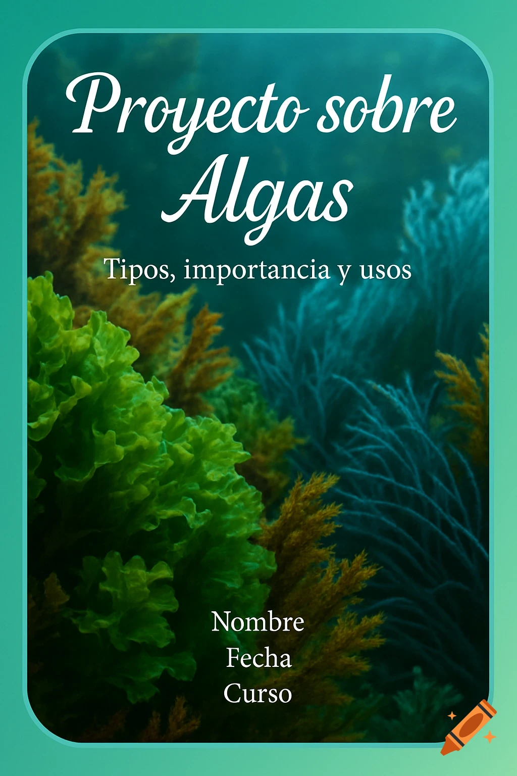 A Spanish project cover titled 'Proyecto sobre Algas' (Project on Algae), with underwater algae graphics and placeholders for name, date, and course.