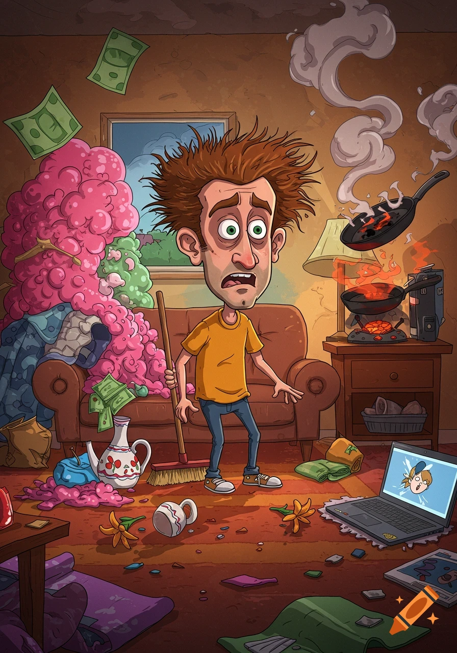 Cartoon man looking overwhelmed in a messy, chaotic room with burning pans, pink laundry, and scattered items.