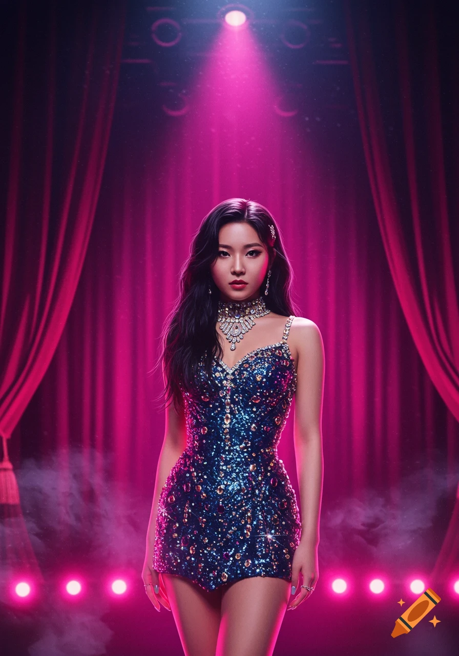 A young woman in a sparkly blue dress and necklace stands on a pink-lit stage with red curtains.