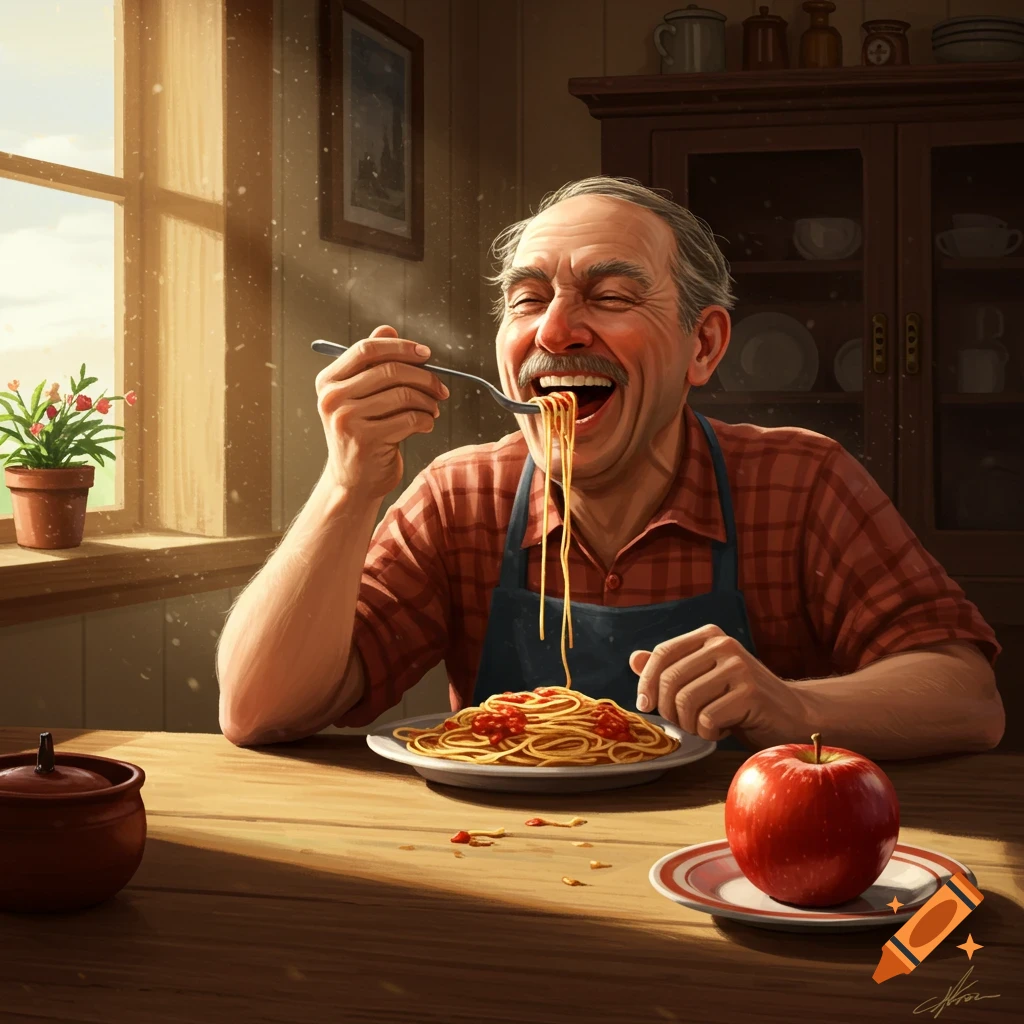 A cheerful elderly man with a mustache happily eats spaghetti with a fork at a sunlit wooden table, an apple nearby.
