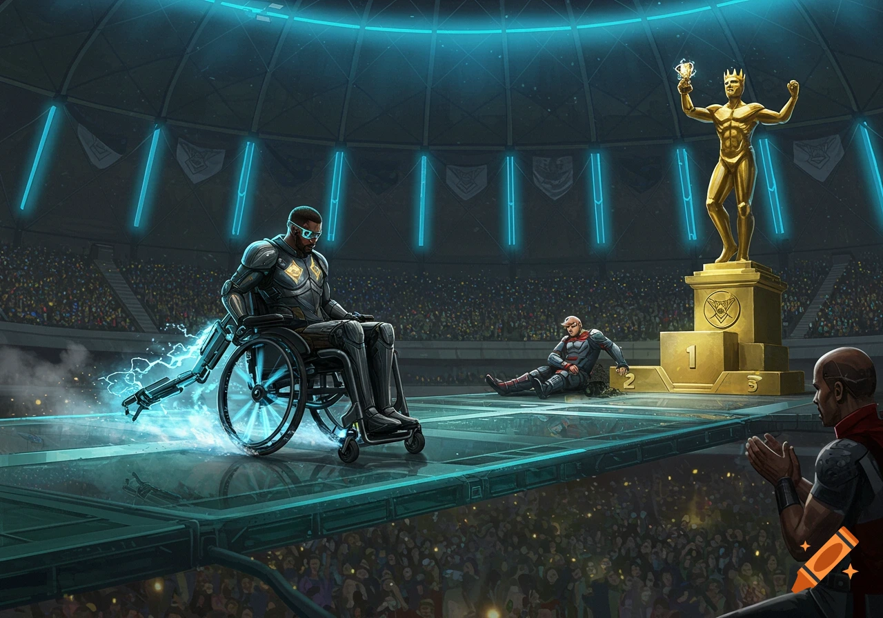 A man in a glowing blue futuristic wheelchair on a platform in a sci-fi arena, with a golden statue on a podium and spectators.