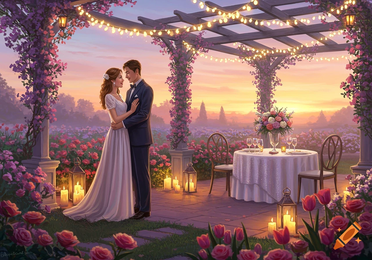 Illustrated romantic scene: a couple embraces under a flower-covered pergola with string lights at sunset, near a candlelit table.