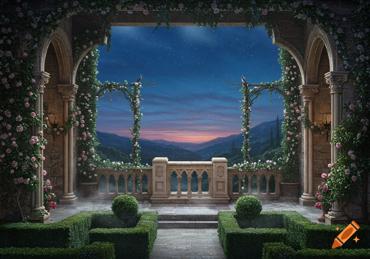 Romantic balcony overgrown with pink roses and green vines overlooking a starry twilight mountain landscape with manicured hedges below.