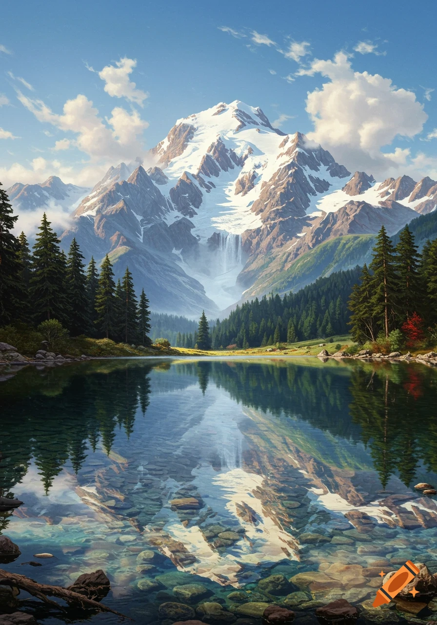 A majestic snow-capped mountain reflecting in a clear, rocky lake, surrounded by lush evergreen forests under a blue sky. Photorealistic.